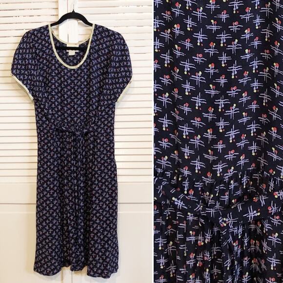 Vintage Dresses & Skirts - Vintage Zoe Blue Printed Belted Dress Large